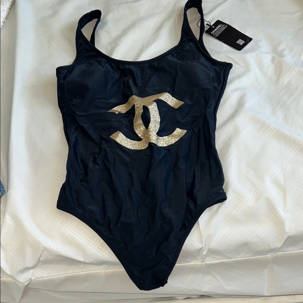 CHANEL Black One-Piece swimsuit with Gold Logo